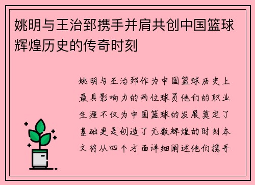 姚明与王治郅携手并肩共创中国篮球辉煌历史的传奇时刻